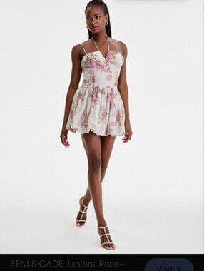 Seni & Cade Floral Dress S Pink Rose Mini Spaghetti Strap Ruched Bust Bubble Hem